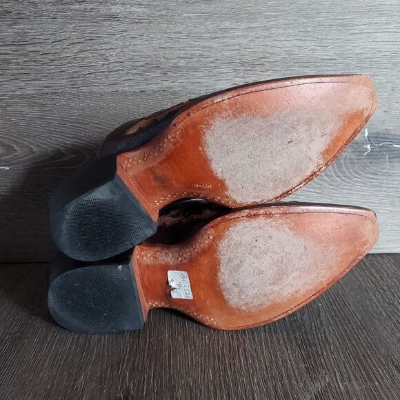 Handmade Shoes Womens 9.5 Western Mules Brown Leather Square Toe Block Heels - Picture 8 of 9